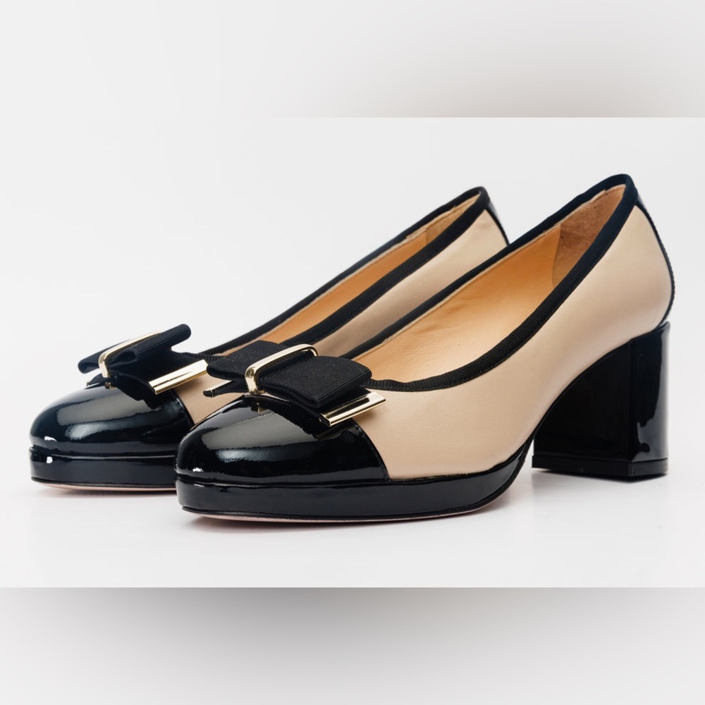 The Fano Beige Leather Cap Toe Block Heel Pump Women Shoe